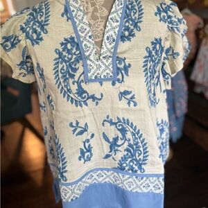 Blue and Cream Embroidered Top